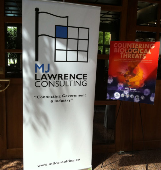 Banner of MJ Lawrence Consulting at a United Nations training workshop in Tbilisi, Georgia